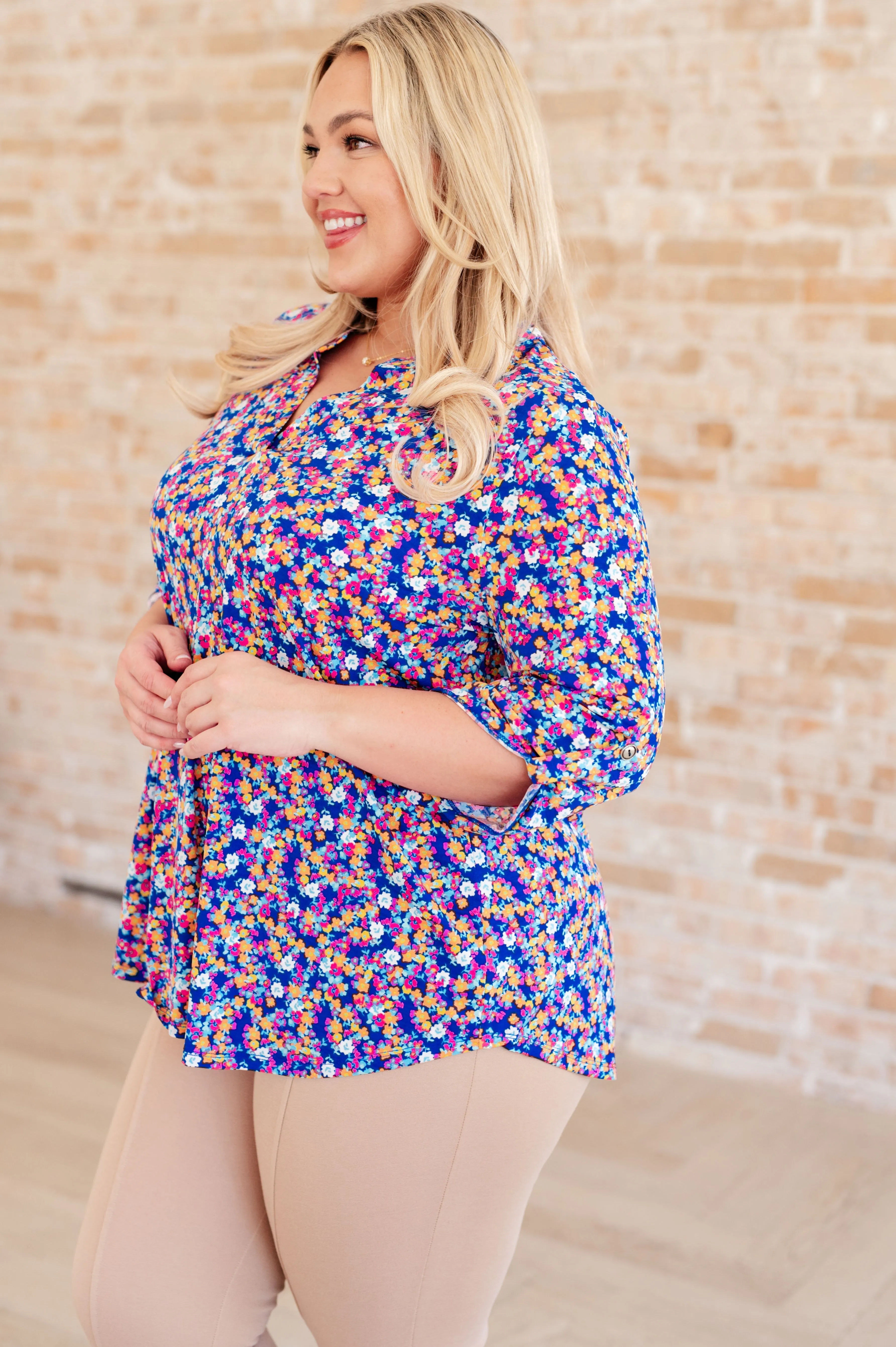 Blue and Pink Retro Ditsy Floral Lizzy Top