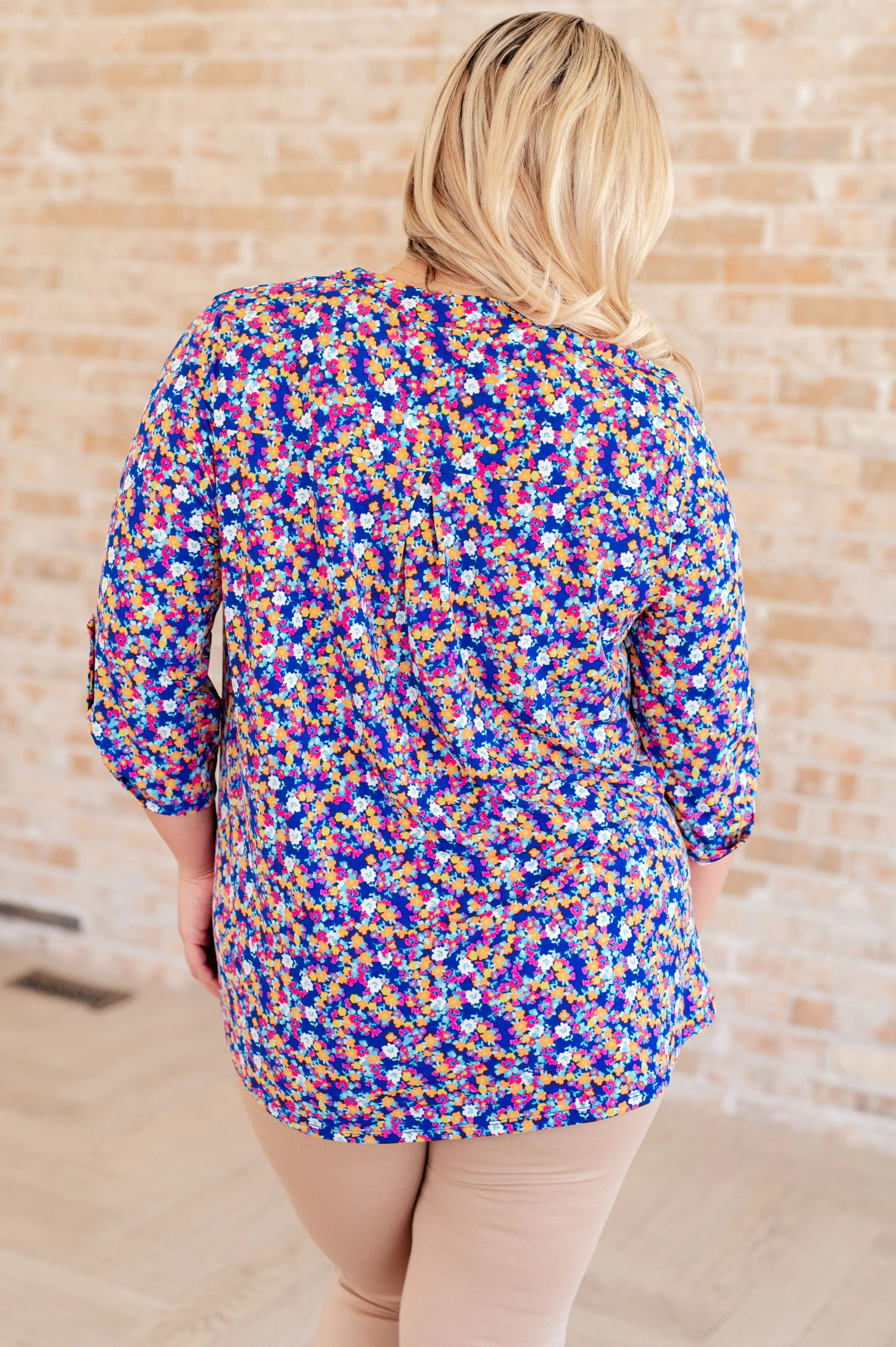 Blue and Pink Retro Ditsy Floral Lizzy Top