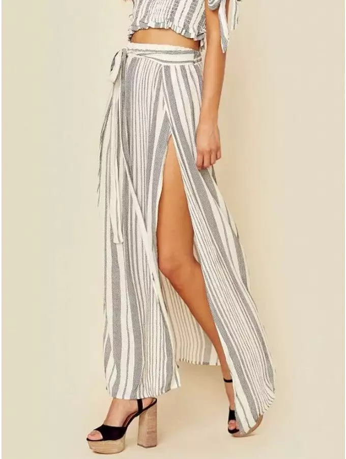 Blue Boho Stripe High Waisted Wrap Skirt - Grace Life