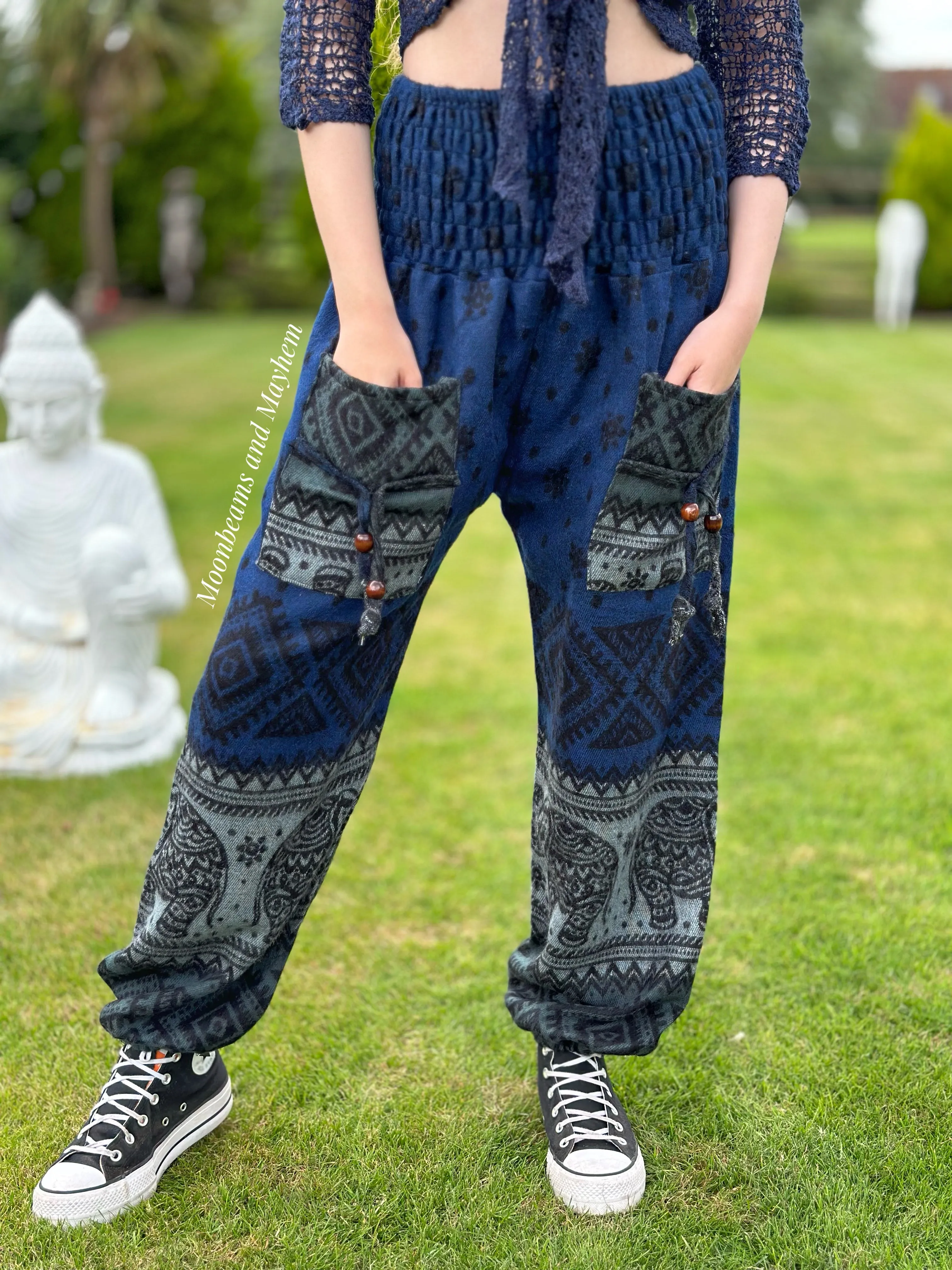 Blue Elephant Harem Pants - Warm Fleece - Large