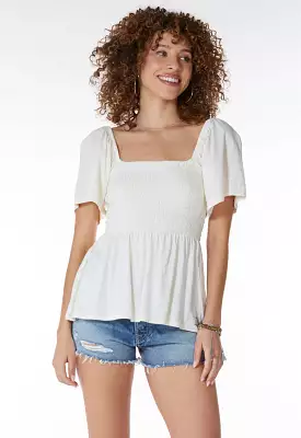 Bobi Short Sleeve Square Neck Smocked Tee Macadamia