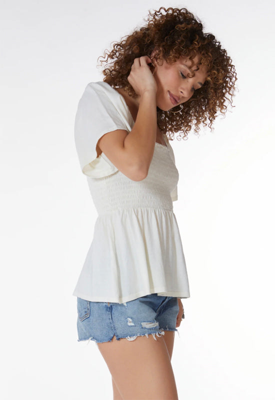 Bobi Short Sleeve Square Neck Smocked Tee Macadamia