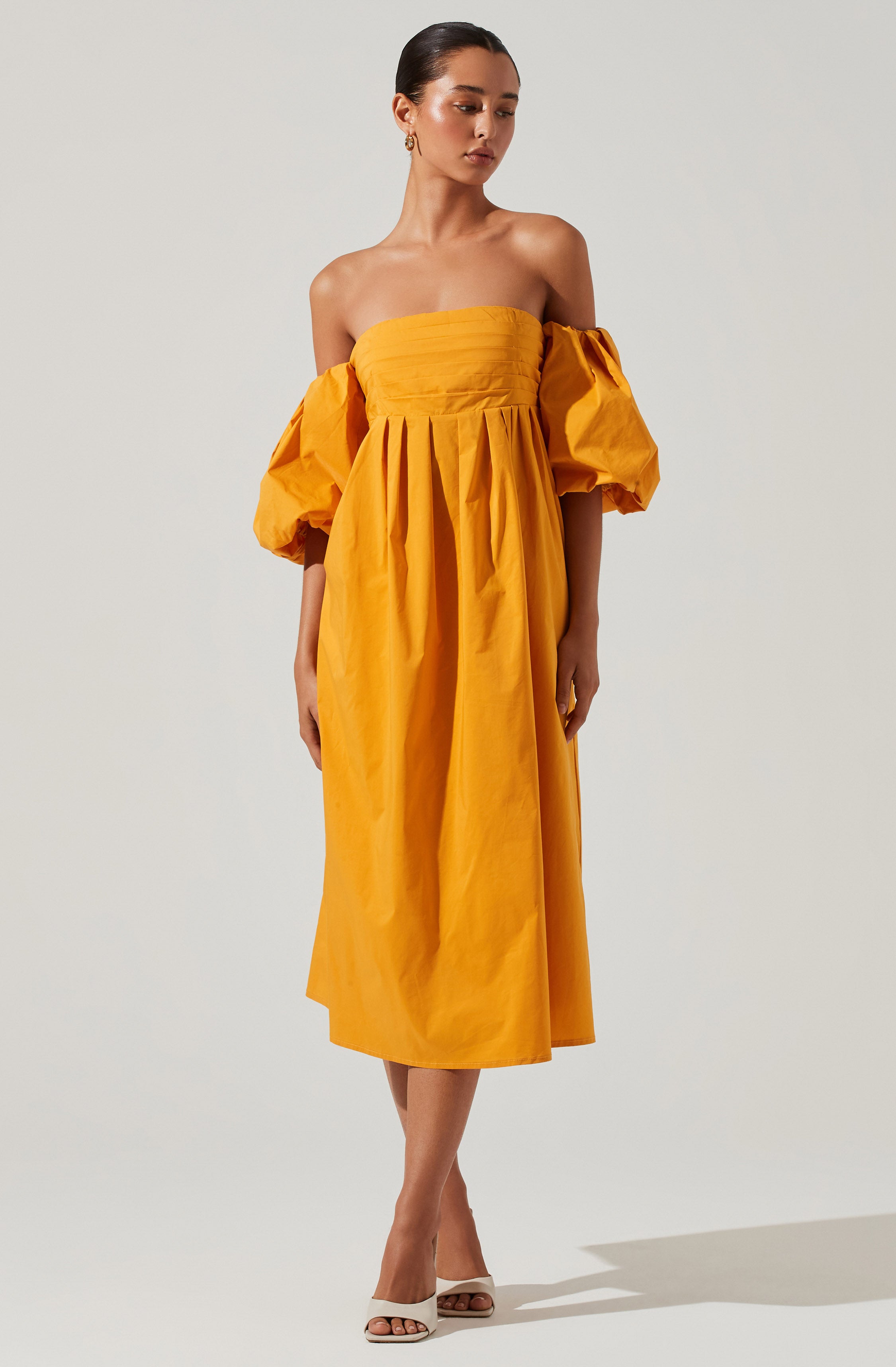 Carlin Midi Dress - Off Shoulder Puff Sleeve