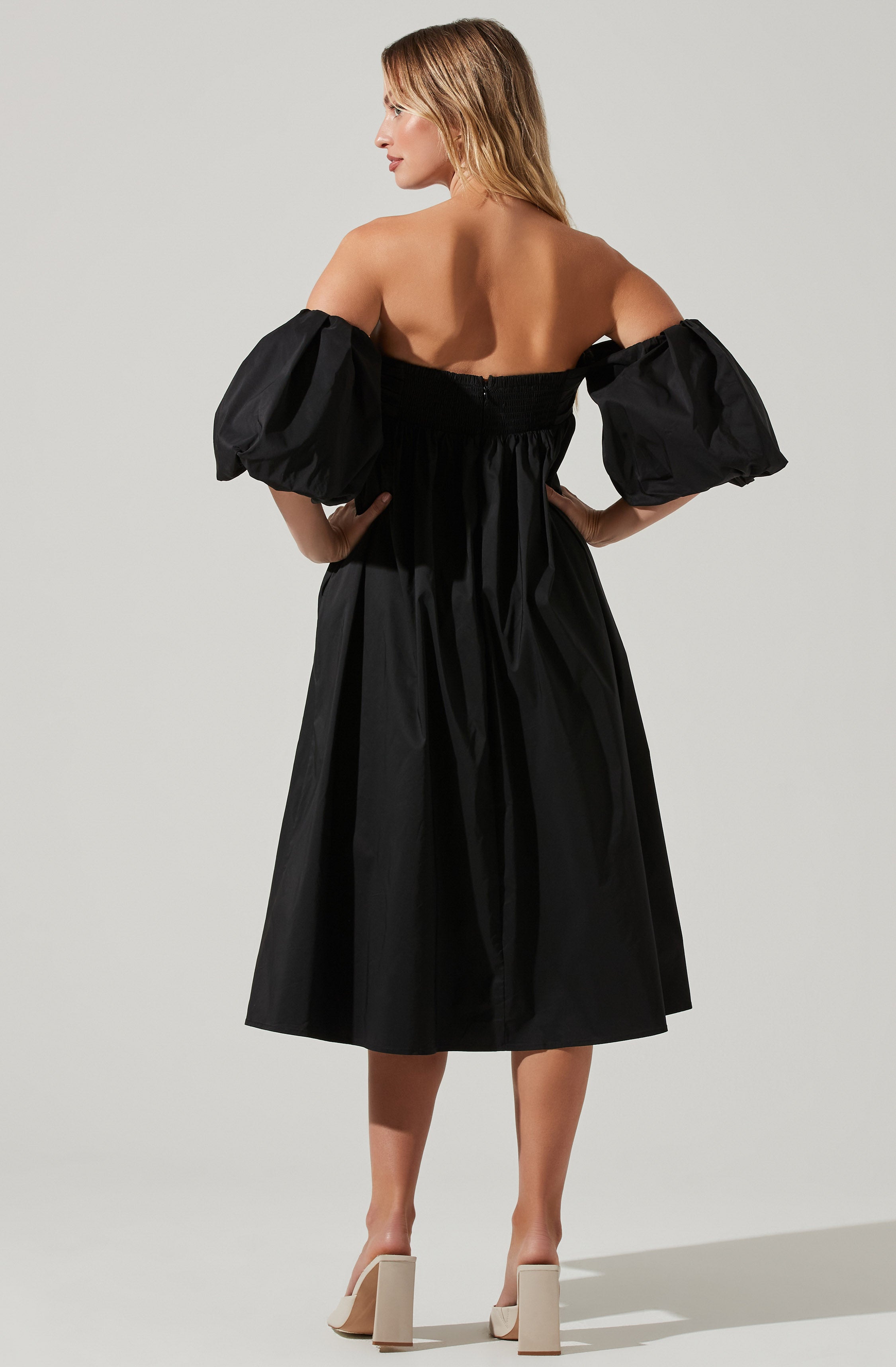 Carlin Midi Dress - Off Shoulder Puff Sleeve