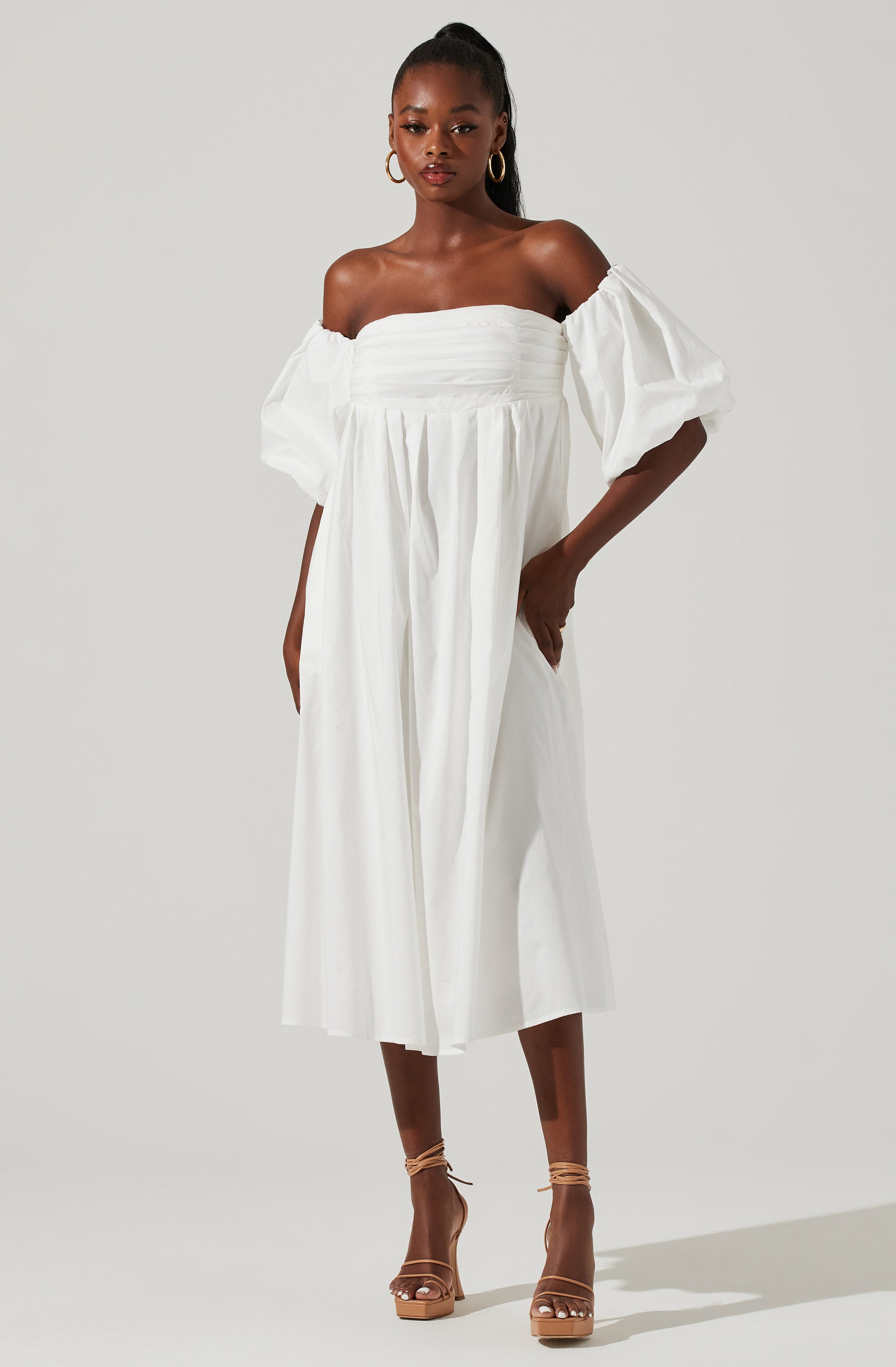 Carlin Midi Dress - Off Shoulder Puff Sleeve