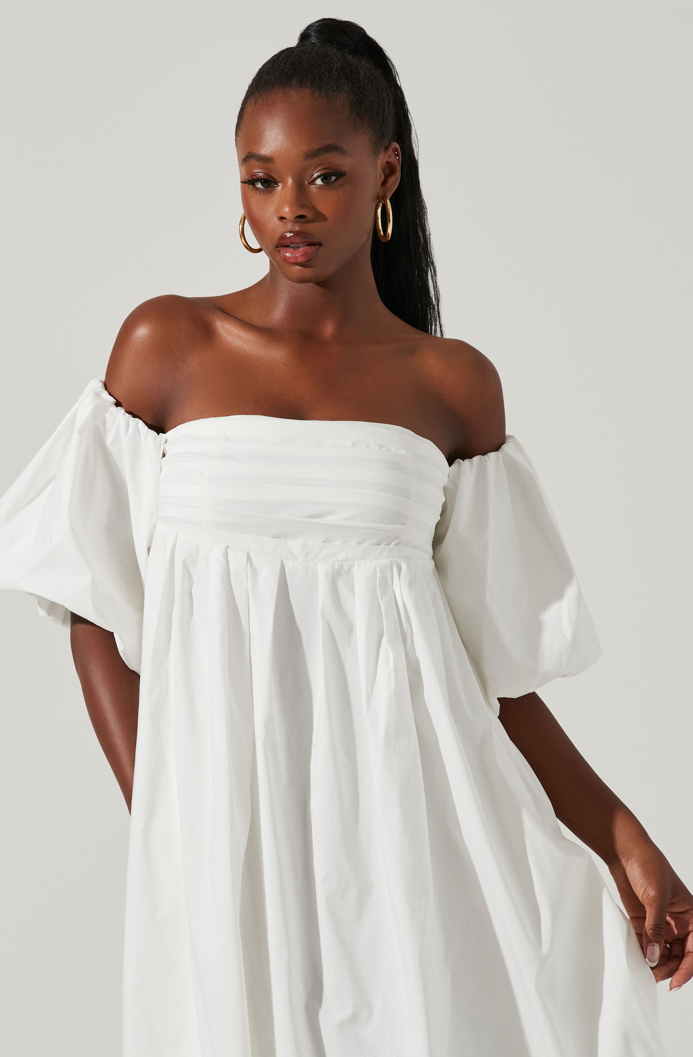 Carlin Midi Dress - Off Shoulder Puff Sleeve