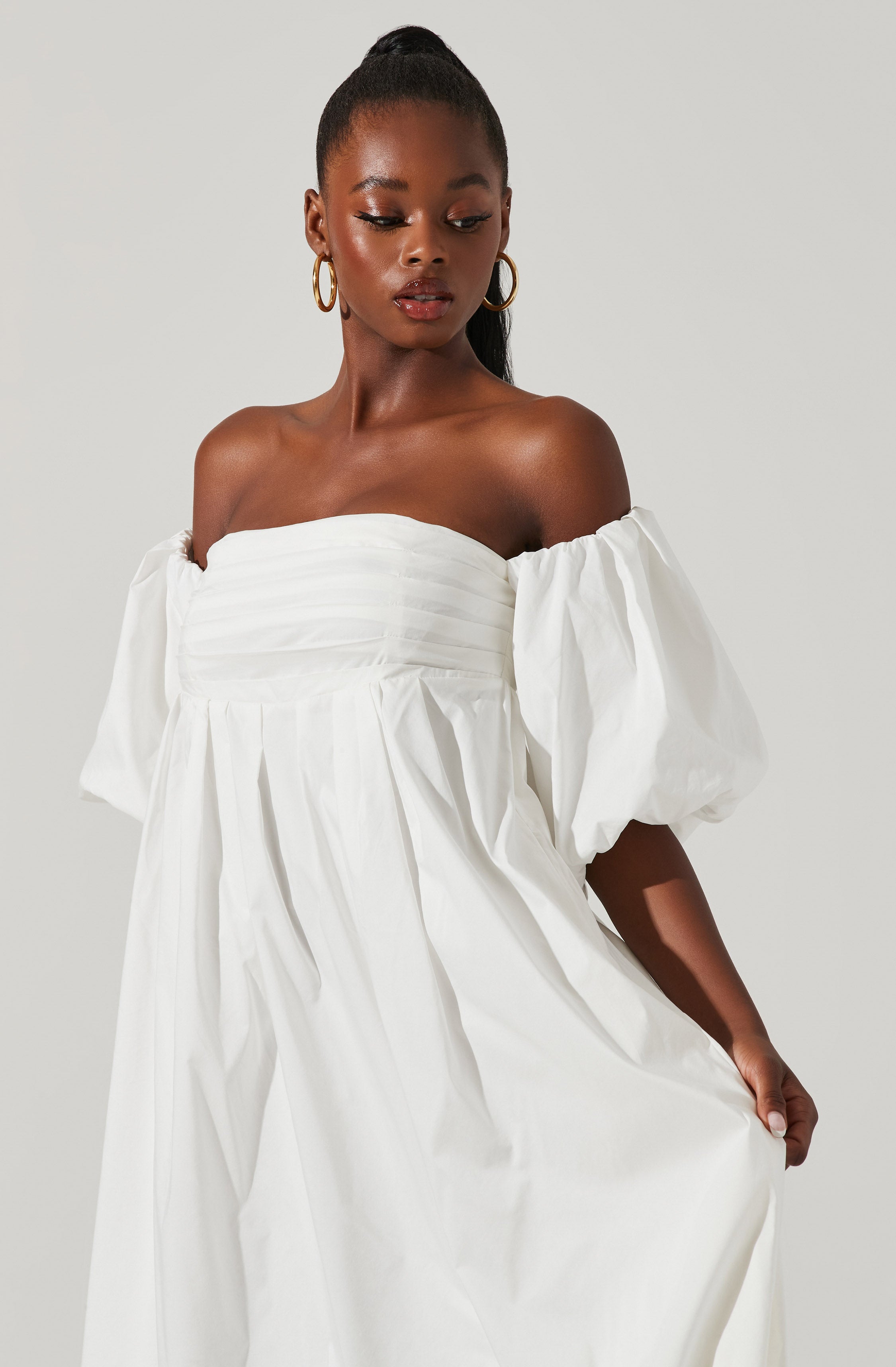 Carlin Midi Dress - Off Shoulder Puff Sleeve