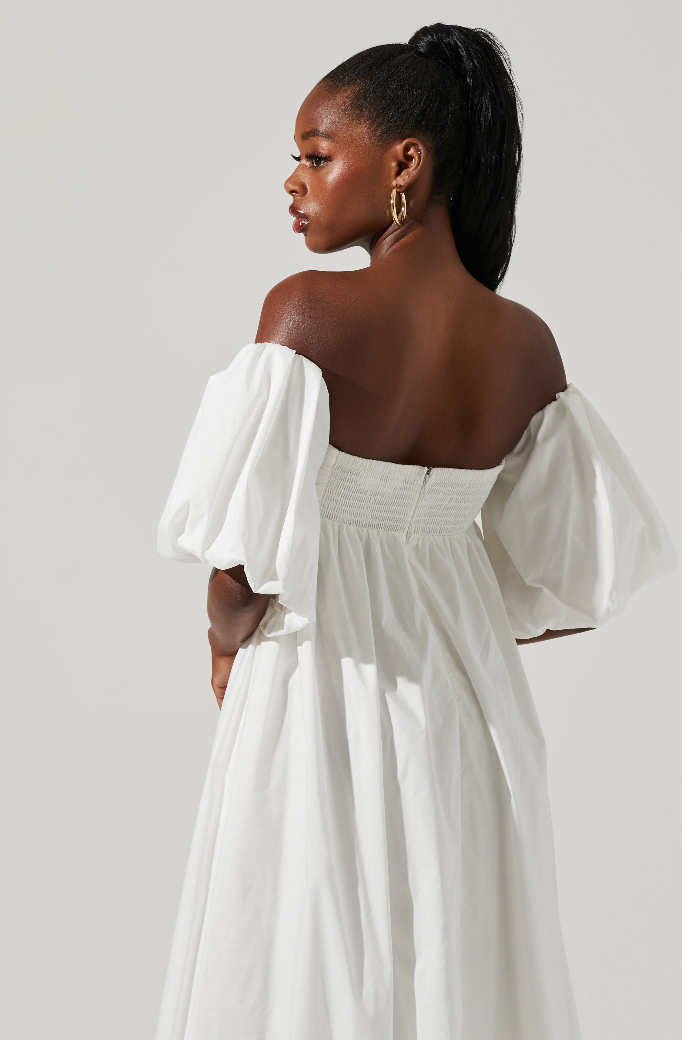 Carlin Midi Dress - Off Shoulder Puff Sleeve