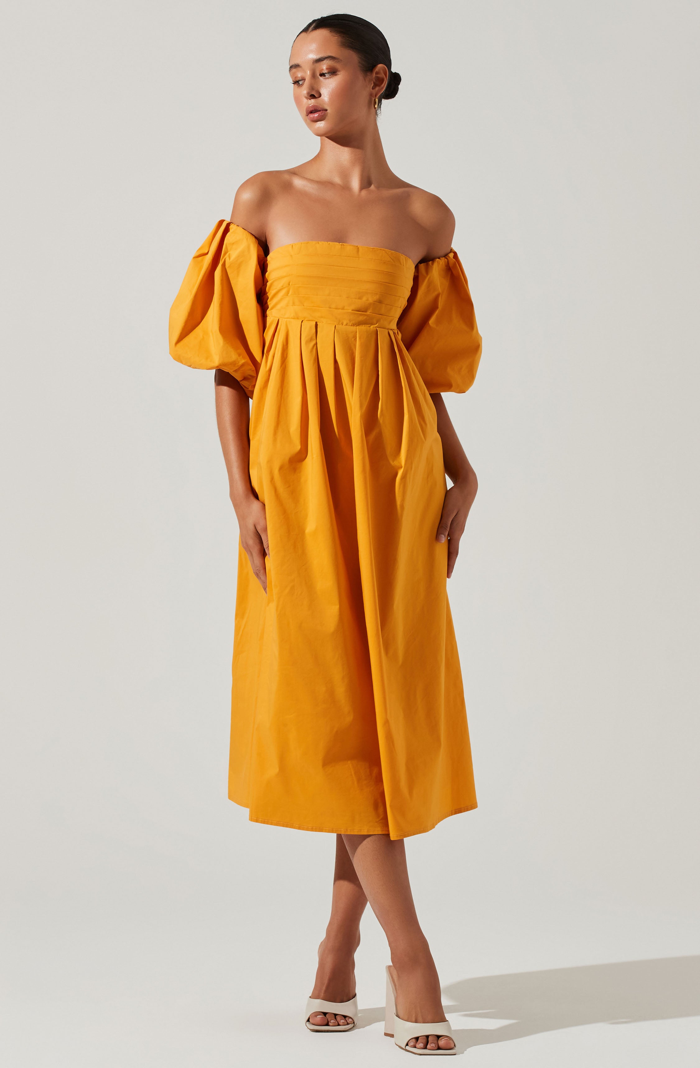 Carlin Midi Dress - Off Shoulder Puff Sleeve