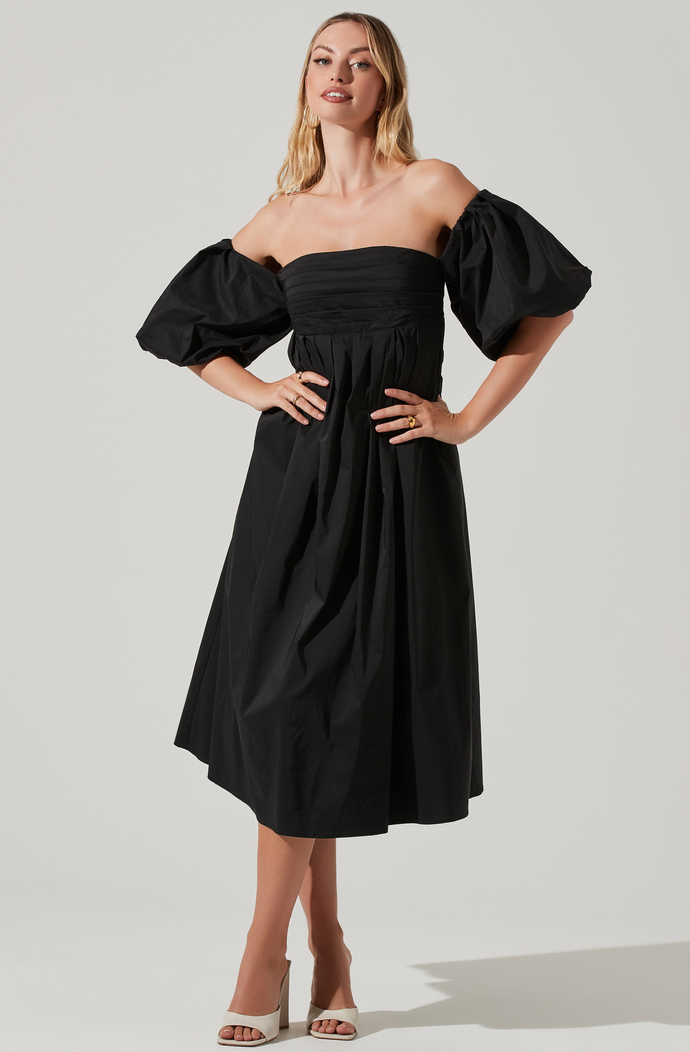 Carlin Midi Dress - Off Shoulder Puff Sleeve