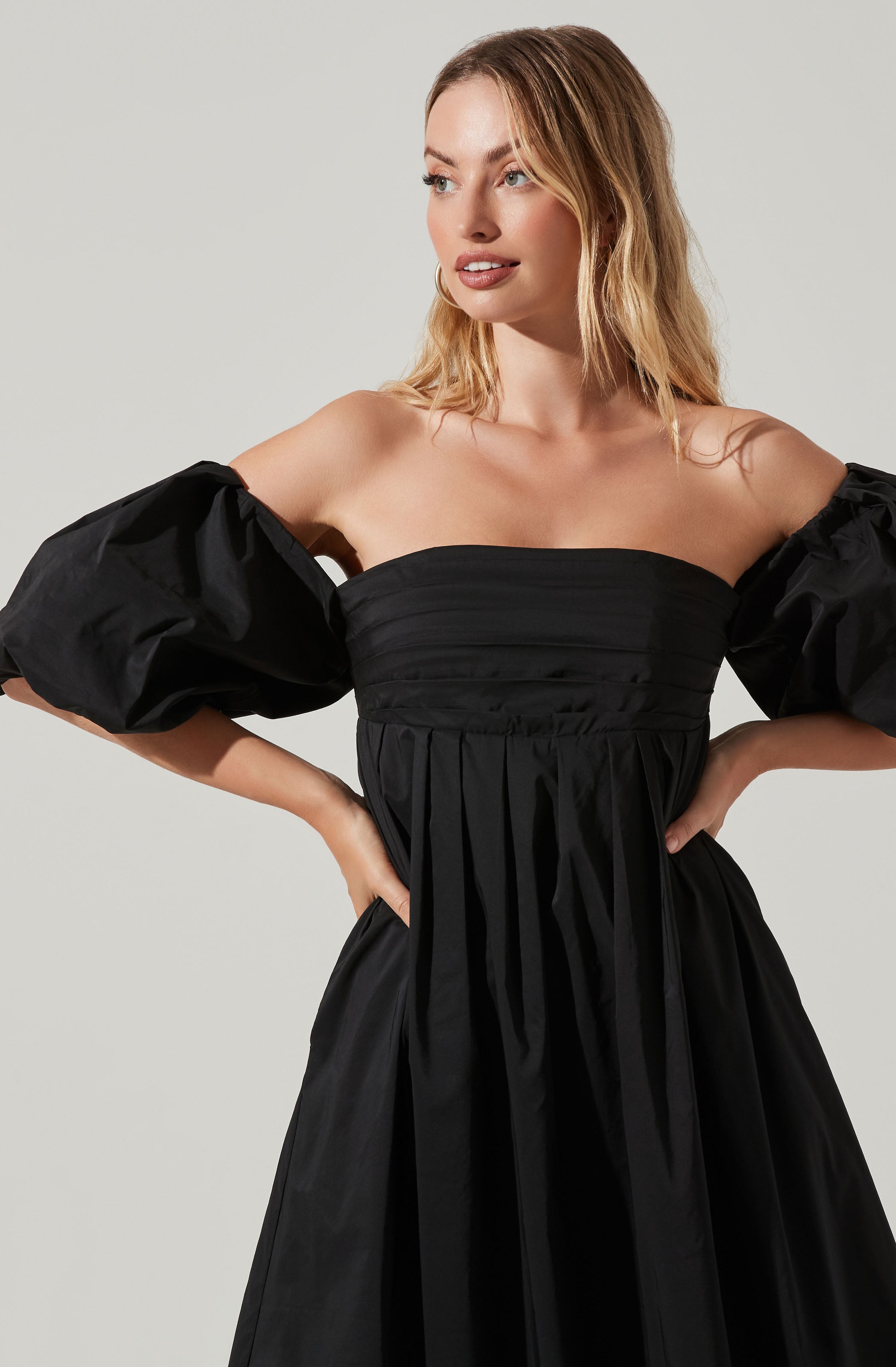 Carlin Midi Dress - Off Shoulder Puff Sleeve