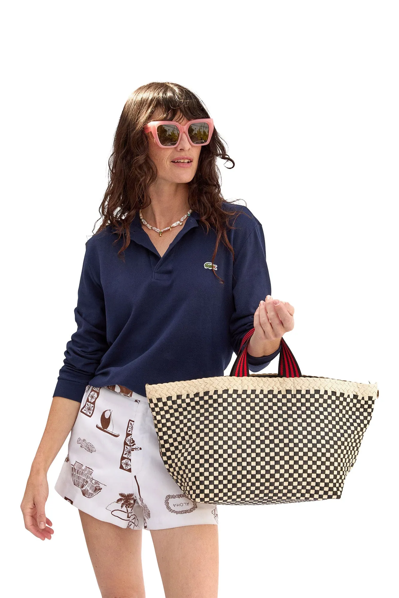 Clare V Bateau Tote Cream Black Border Woven Checker