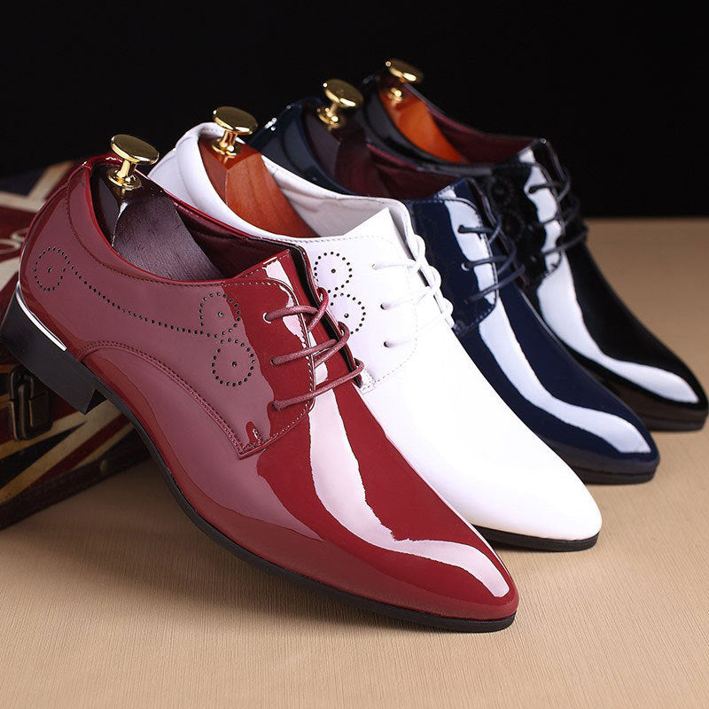 Classic Retro Brogue Shoes Patent Leather Mens Lace-Up Dress Shoes