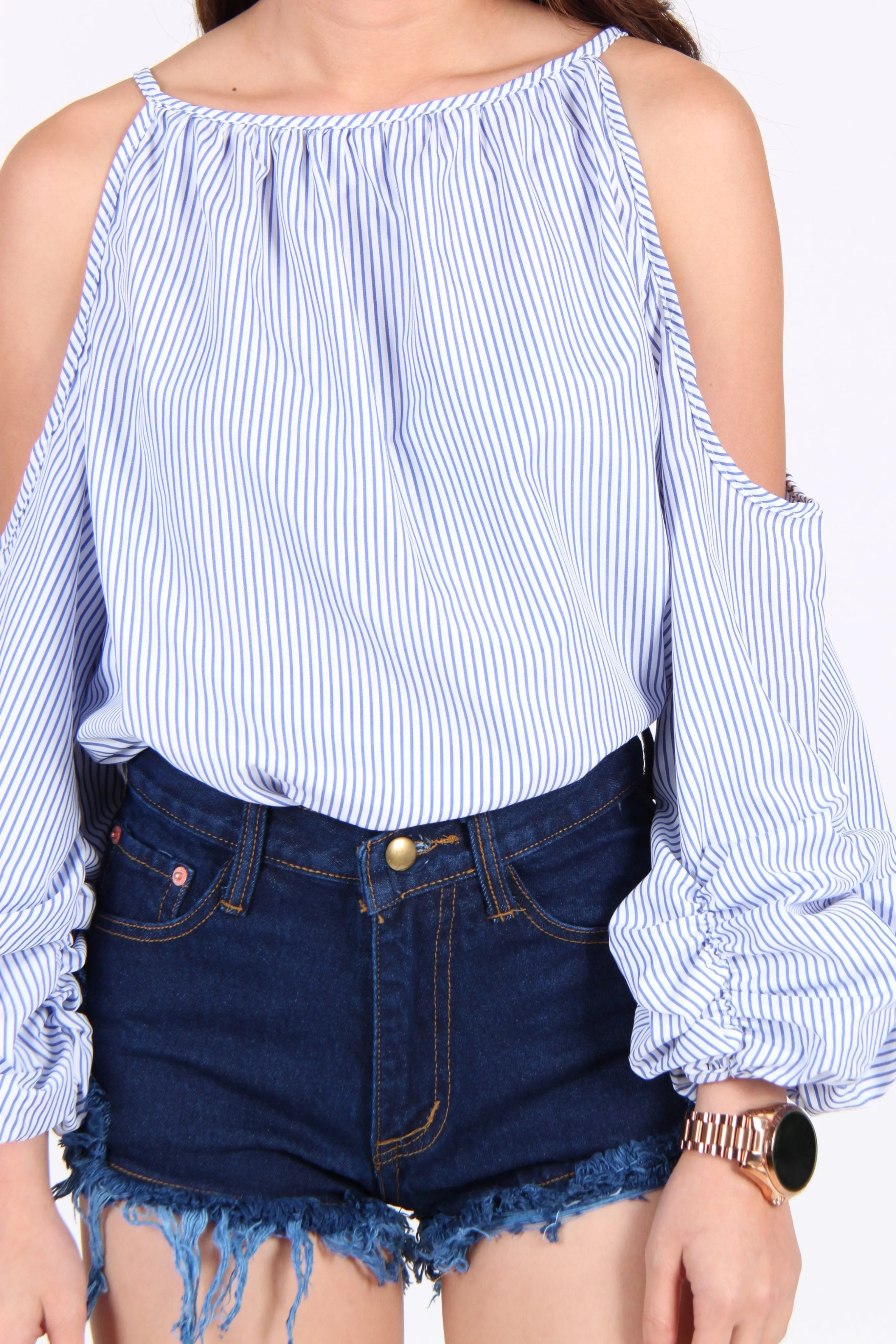 Cold Shoulder Balloon Top in White Stripes