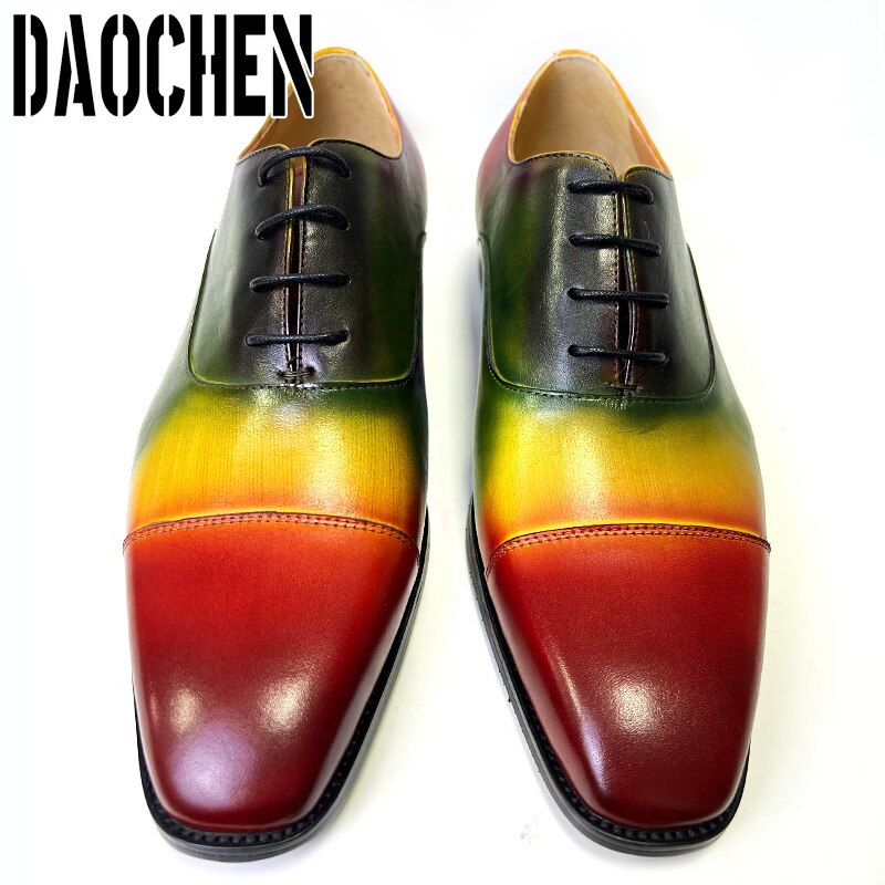 Colorful square cap toe men's dress shoes with laces.