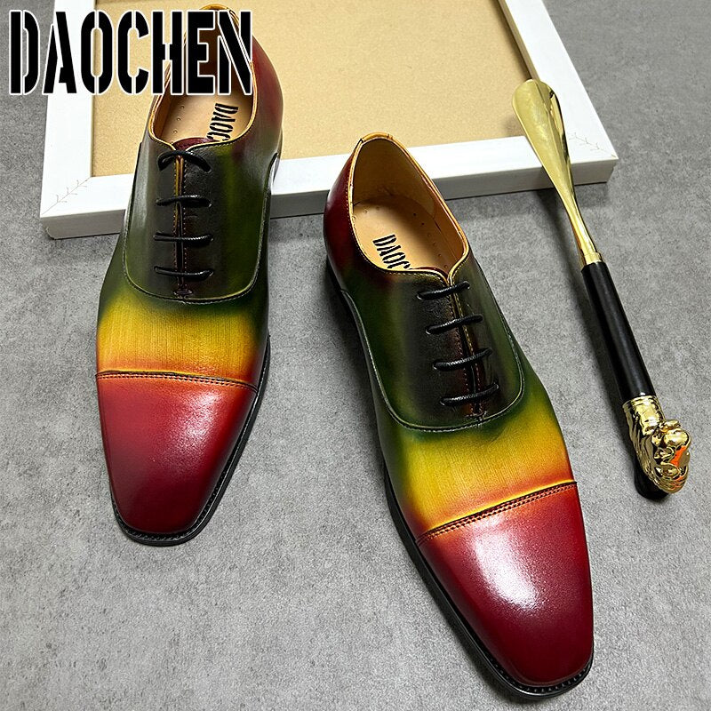 Colorful square cap toe men's dress shoes with laces.