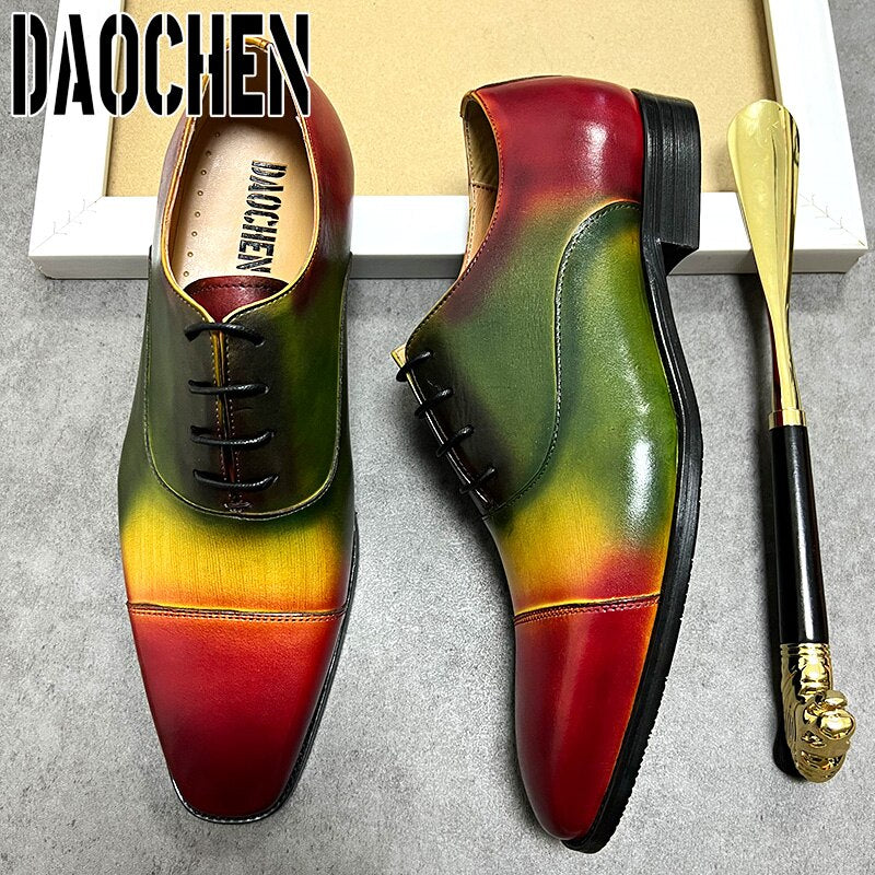 Colorful square cap toe men's dress shoes with laces.