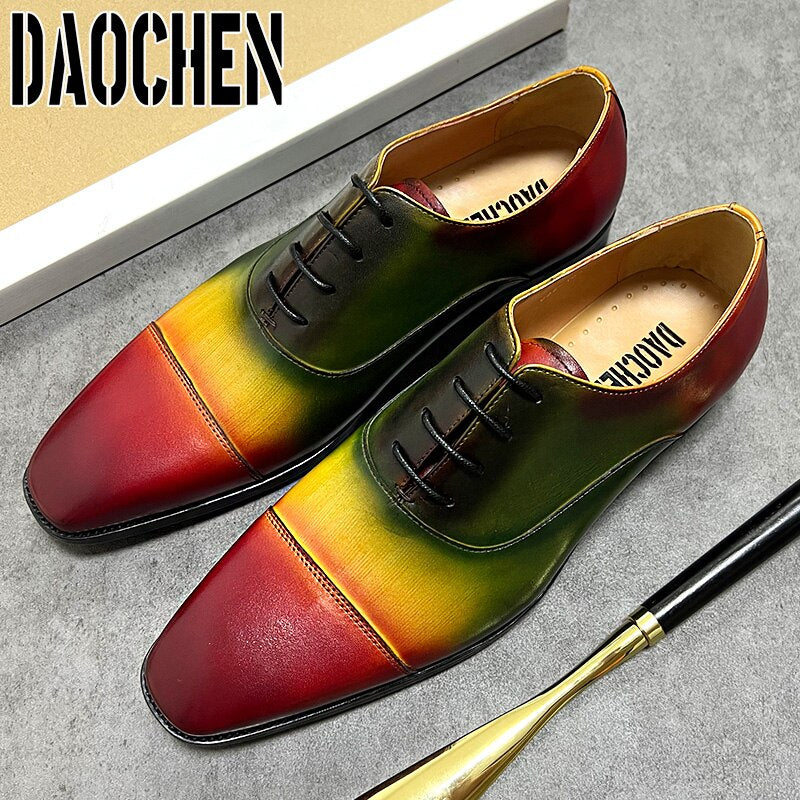 Colorful square cap toe men's dress shoes with laces.