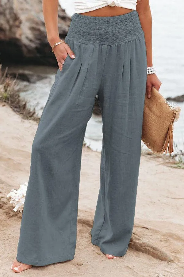 Cotton Linen Wide Leg Pants with Elastic Waist in Various Colors