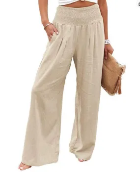 Cotton Linen Wide Leg Pants with Elastic Waist in Various Colors