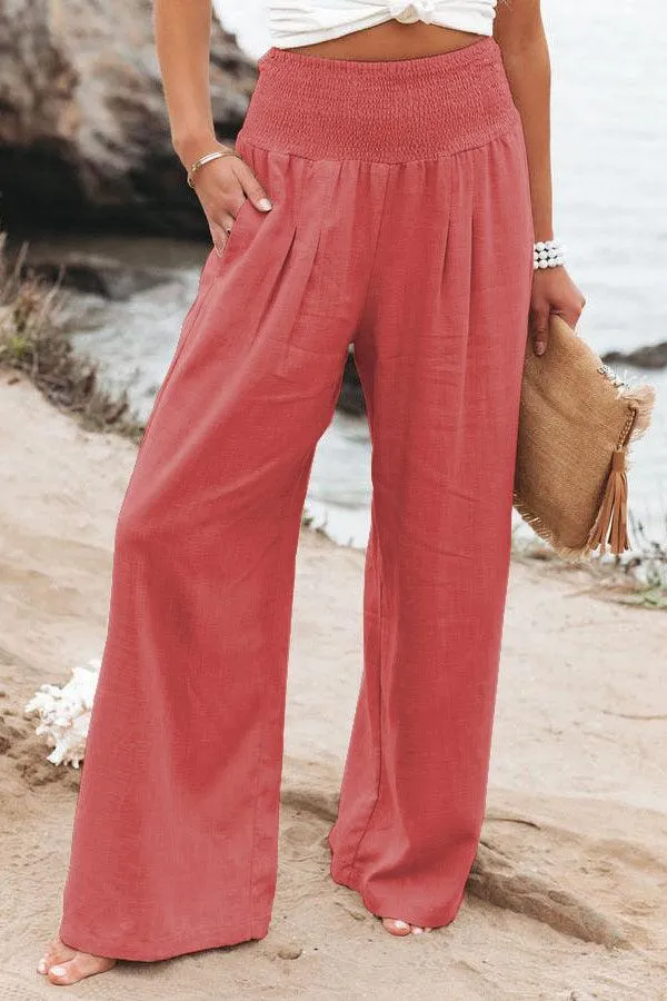 Cotton Linen Wide Leg Pants with Elastic Waist in Various Colors