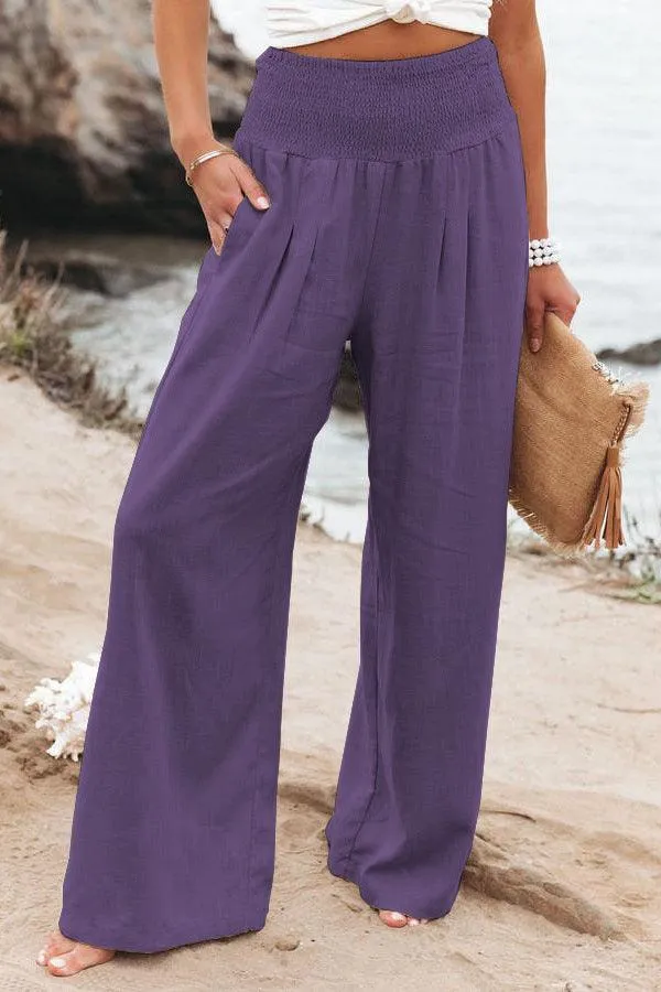 Cotton Linen Wide Leg Pants with Elastic Waist in Various Colors