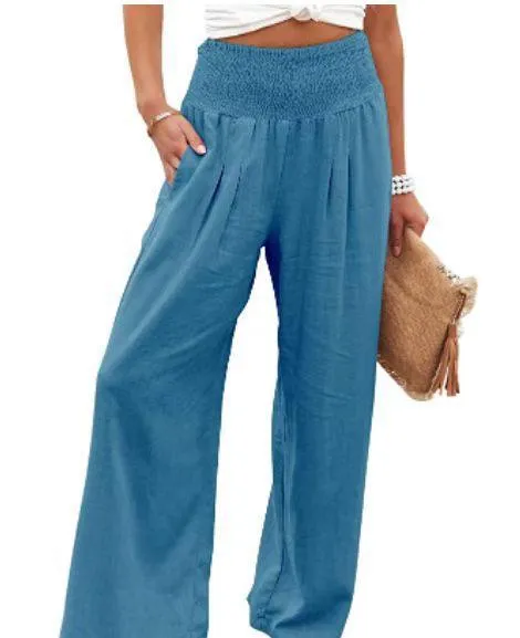 Cotton Linen Wide Leg Pants with Elastic Waist in Various Colors