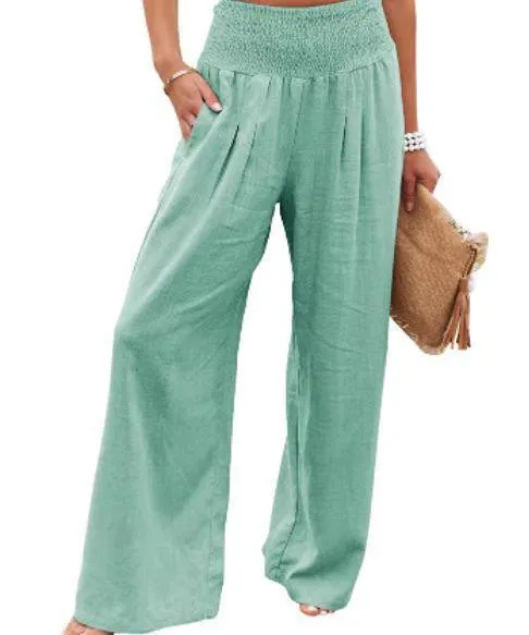 Cotton Linen Wide Leg Pants with Elastic Waist in Various Colors