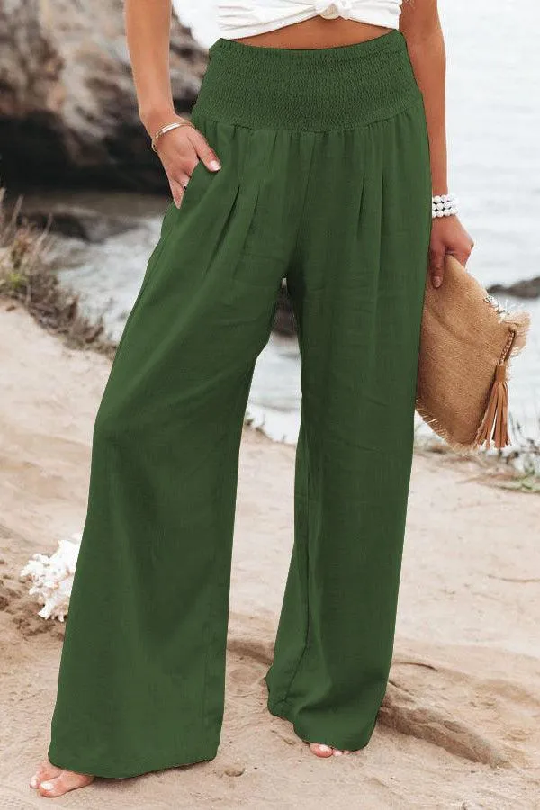 Cotton Linen Wide Leg Pants with Elastic Waist in Various Colors