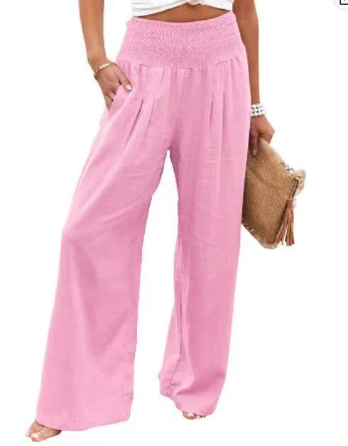 Cotton Linen Wide Leg Pants with Elastic Waist in Various Colors