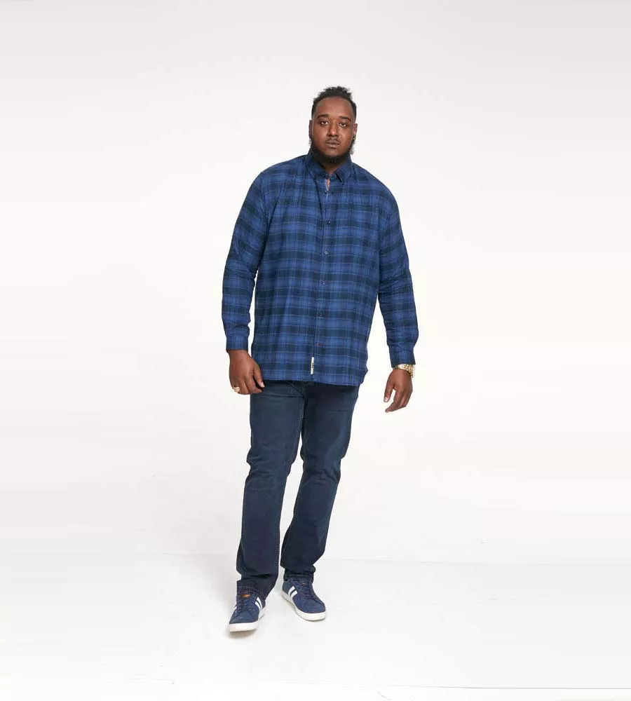 Big Men's Blue Flannel Check Shirt with Long Sleeves - D555 (BRUCE)