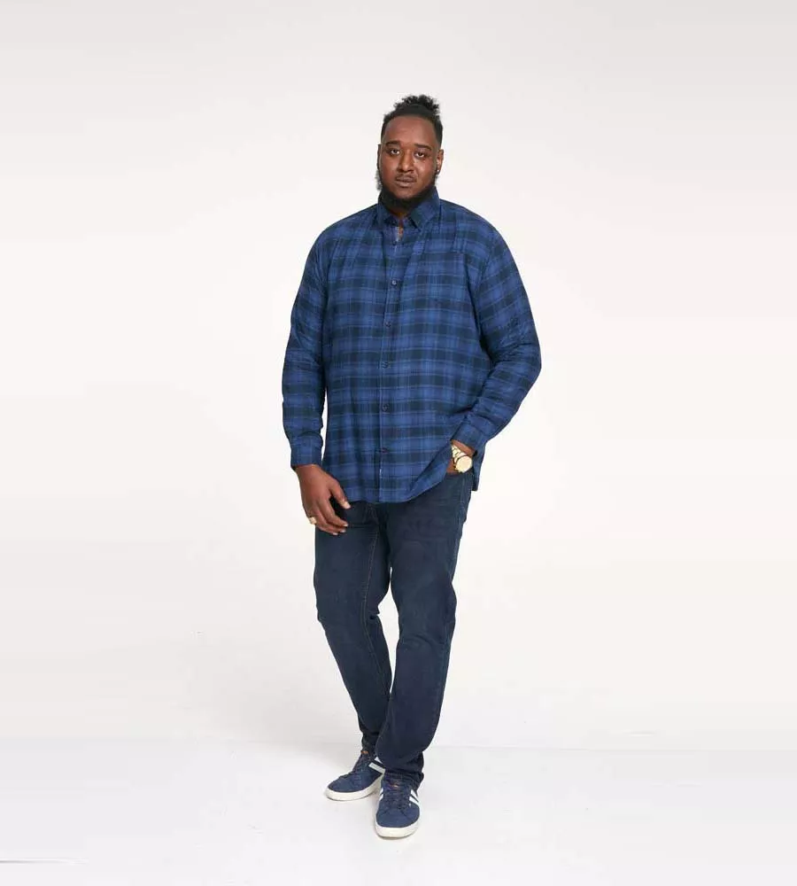 Big Men's Blue Flannel Check Shirt with Long Sleeves - D555 (BRUCE)