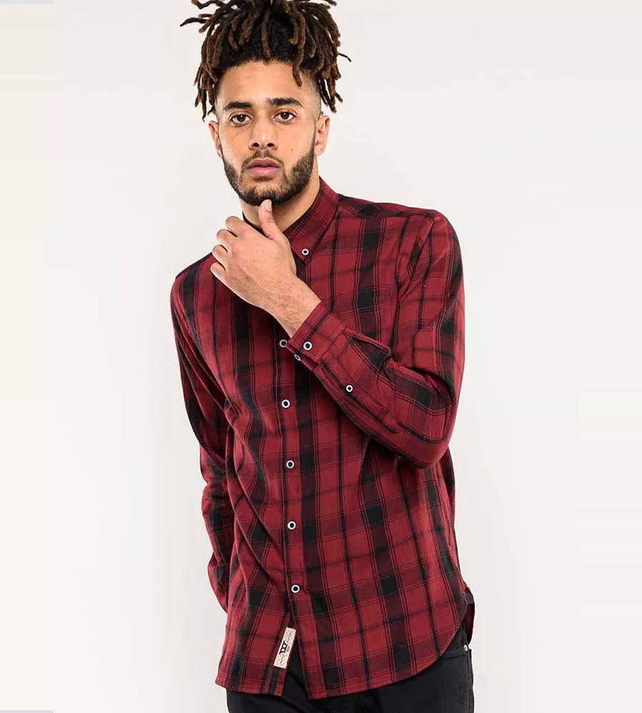 Red Check Shirt with Chest Pocket and Long Sleeves for Men by D555 (BENALLA)