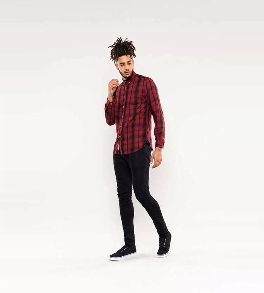 Red Check Shirt with Chest Pocket and Long Sleeves for Men by D555 (BENALLA)