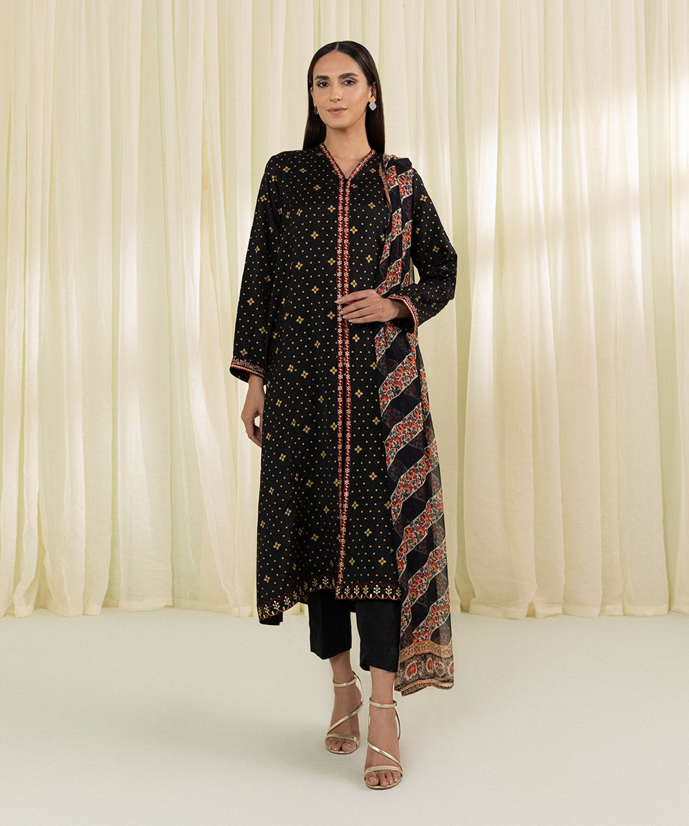 Embroidered Raw Silk Suit - 3 Piece Set