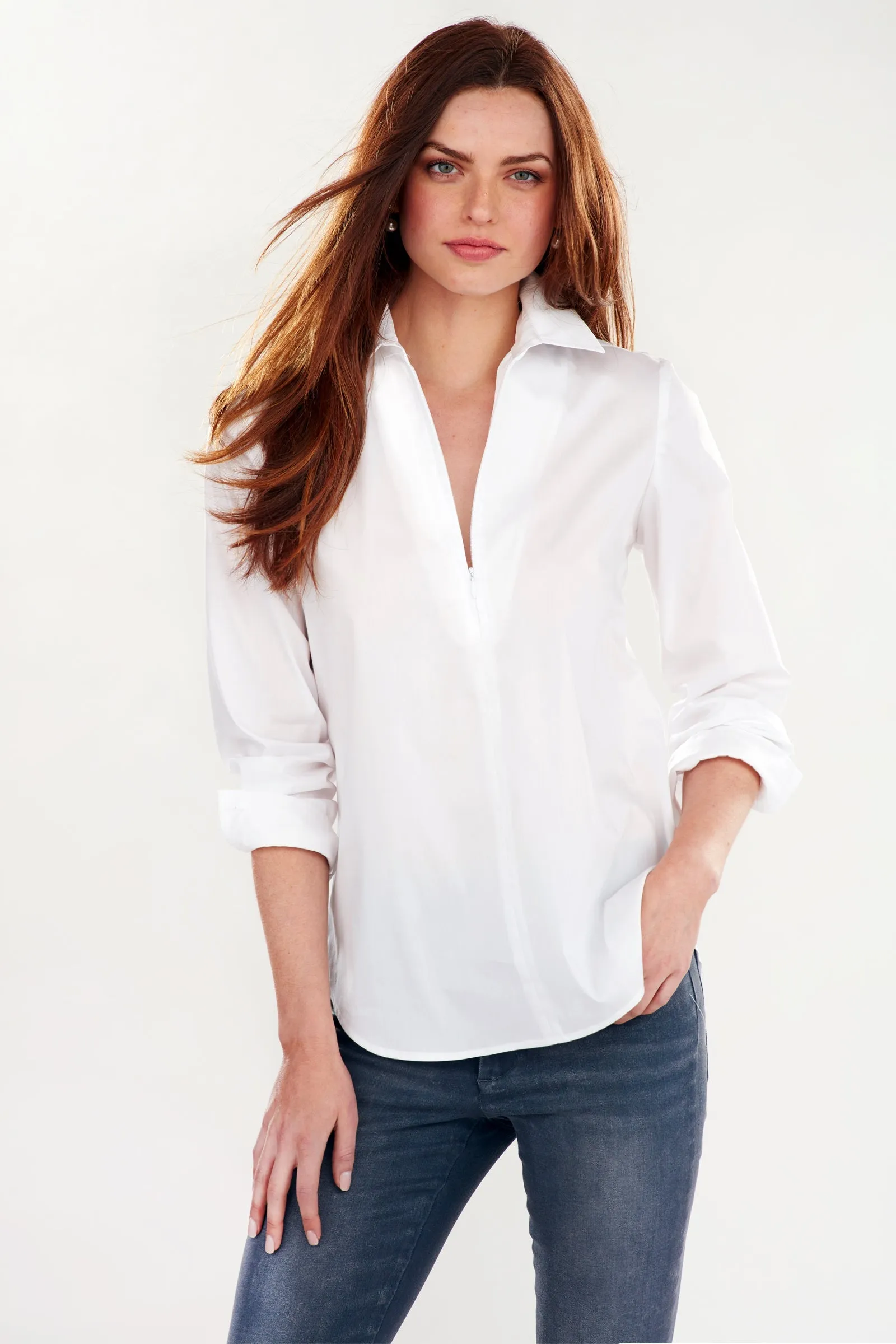 Endora Long Sleeve White Shirt - Half Zip | Shop Now