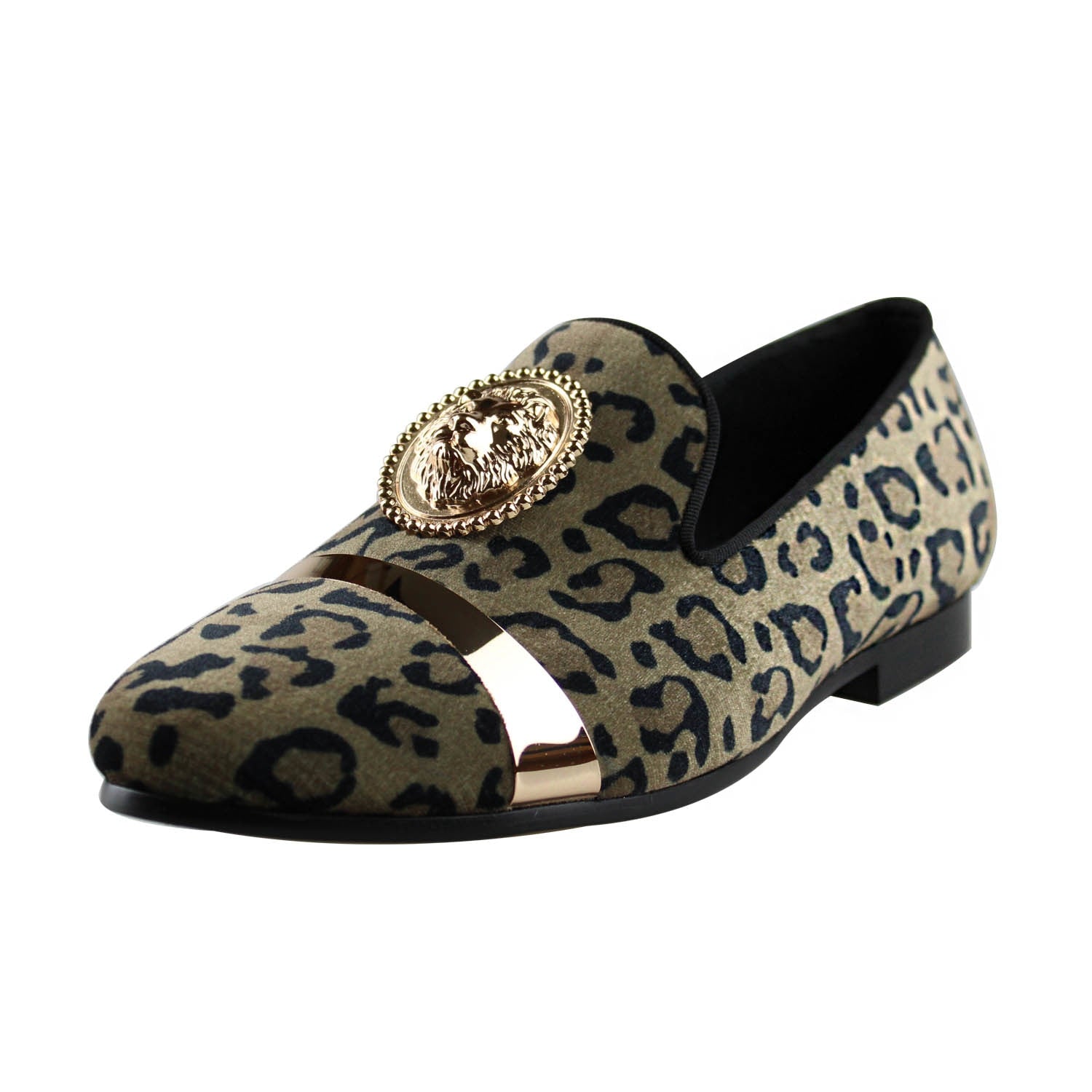 Harpelunde Men Leopard Print Formal Shoes Lion Buckle Velvet Loafers