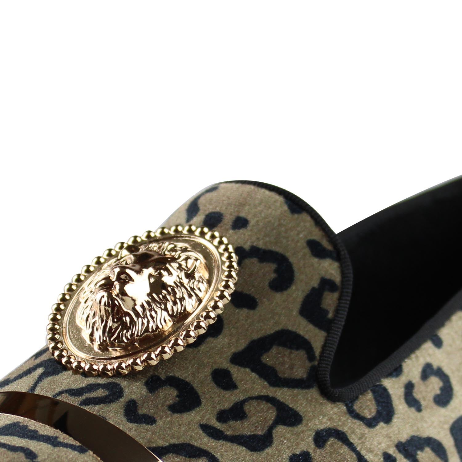 Harpelunde Men Leopard Print Formal Shoes Lion Buckle Velvet Loafers