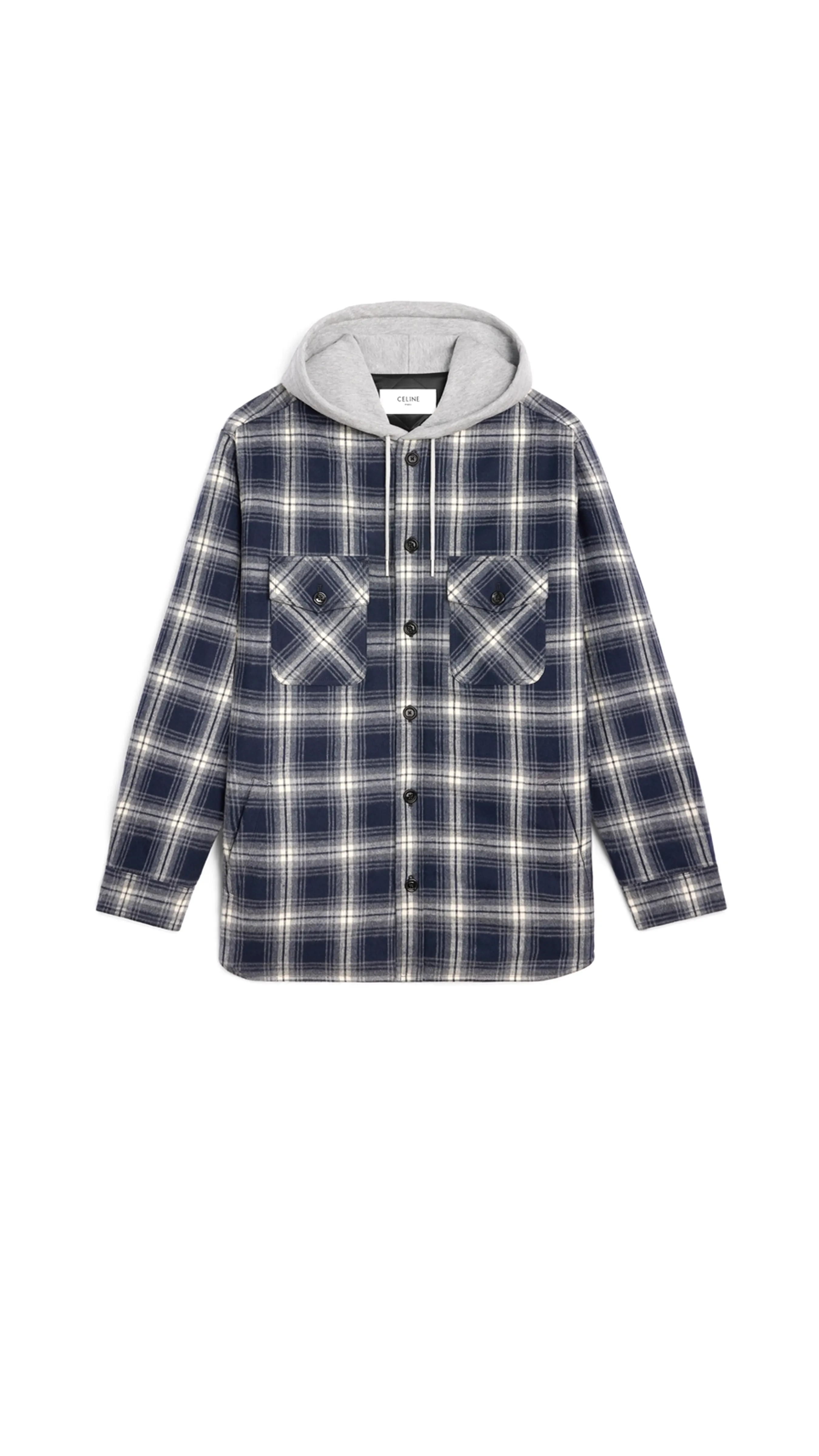 Hooded Overshirt In Checked Cotton - Navy