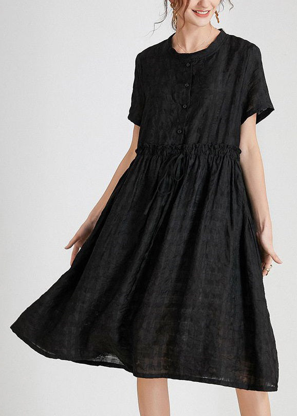 Italian silk dress summer, black o neck, button tie waist - AB1019