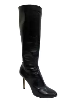 Jimmy Choo black leather boots, mid calf, heeled, size 9.5