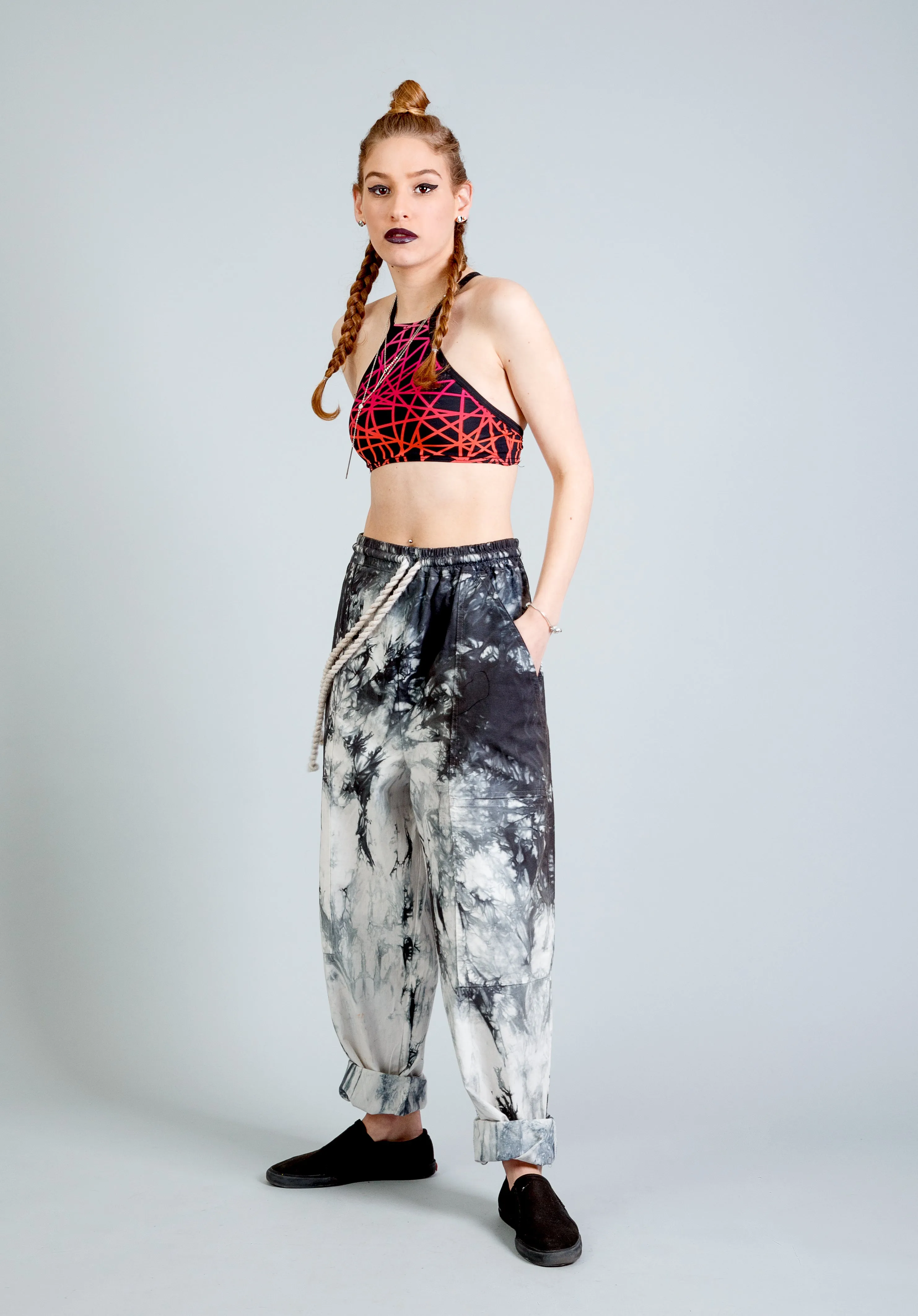 kickbacks slouchy drawstring black smoke tie dye pants