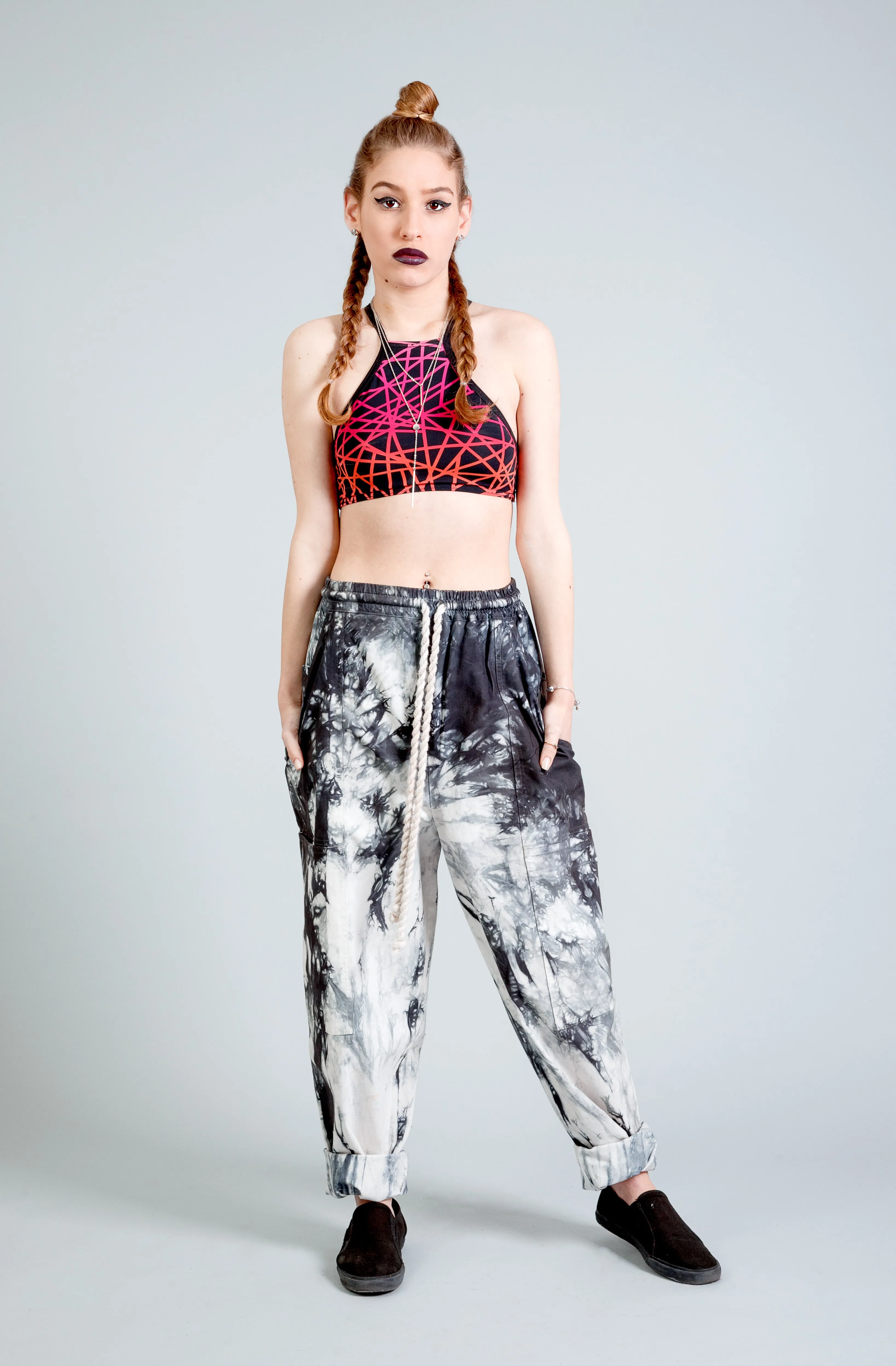 kickbacks slouchy drawstring black smoke tie dye pants