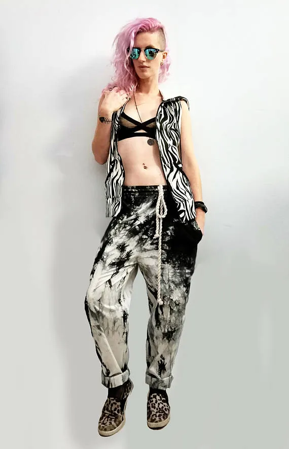 kickbacks slouchy drawstring black smoke tie dye pants