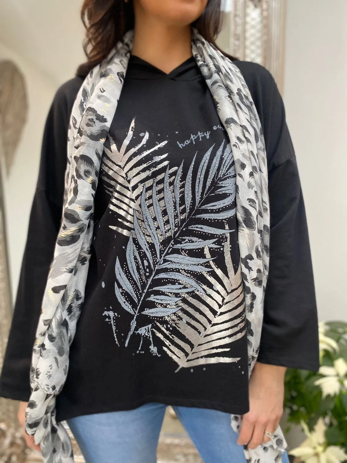 Leaf Print Hooded Top Gia