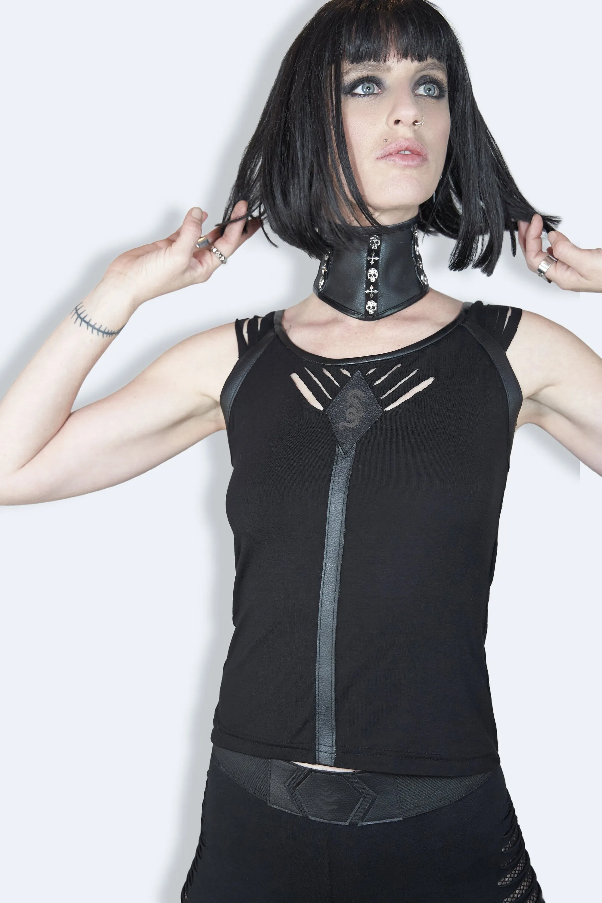 Leather harness engraved cut out tank top