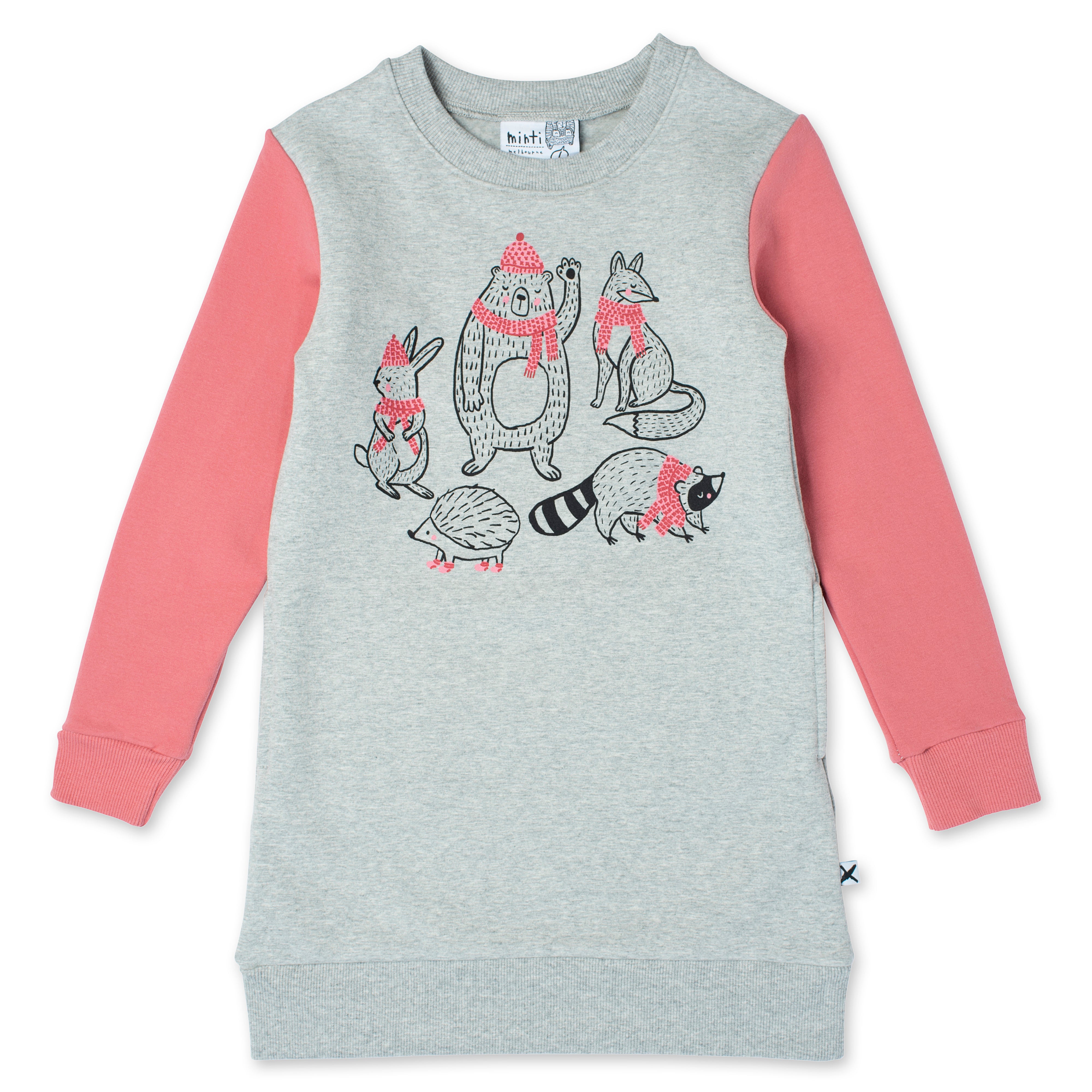 Minti Warm Forest Friends Furry Dress - Grey/Rose.