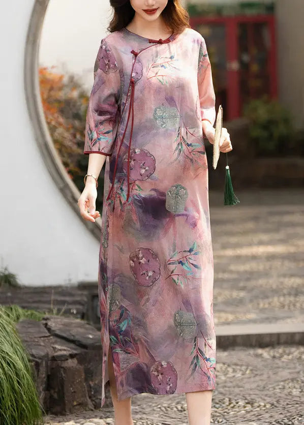 Purple Linen Dress with Elegant Button Print, Half Sleeve (CG1005)