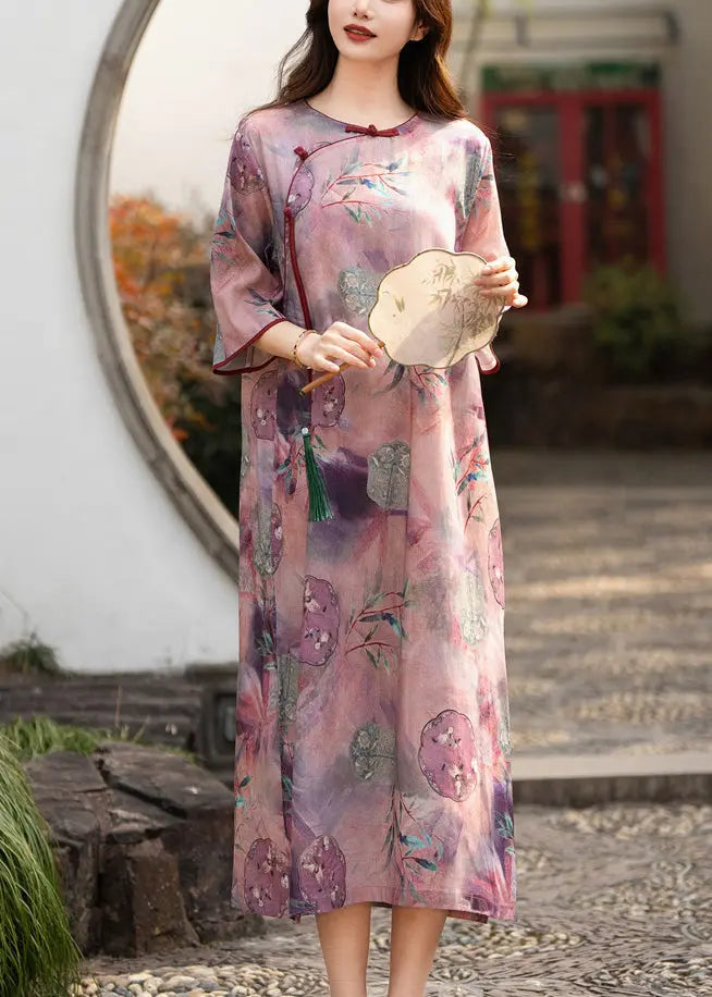 Purple Linen Dress with Elegant Button Print, Half Sleeve (CG1005)