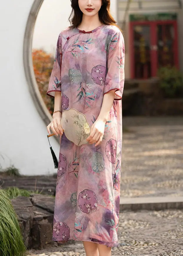 Purple Linen Dress with Elegant Button Print, Half Sleeve (CG1005)